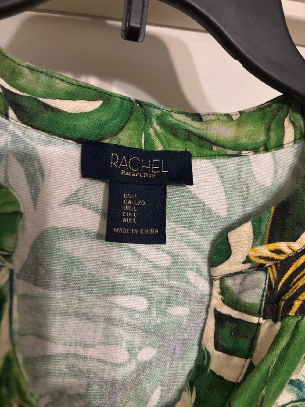 Rachel RayMonaco Green and Yellow Tropical Leaf Print Linen Blouse Women large - Picture 2 of 6